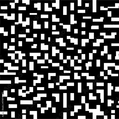 Abstract black and white pattern featuring scattered geometric shapes and pixelated design elements throughout the image
