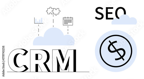 Cloud backdrop with CRM text, SEO text, dollar sign, analytics bar chart, puzzle piece, and calendar. Ideal for CRM, marketing, SEO cloud computing data management revenue and strategy in