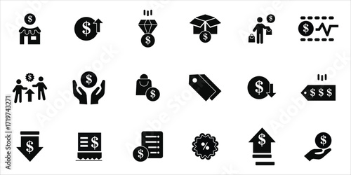 price icons set. price, product, shooping, selling price,  discount and more. simple solid vector