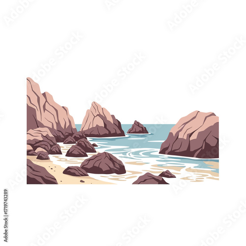 An illustration of a serene rocky beach with a sandy shore and calm blue ocean water, featuring large boulders and a clear sky in a flat graphic style.