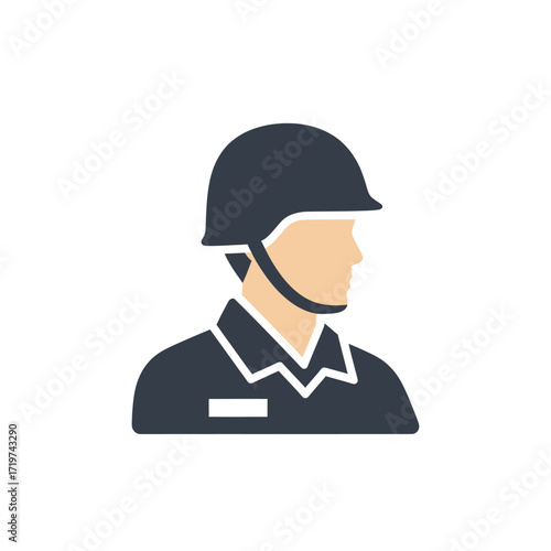 Illustration of a person wearing a military helmet and uniform, side profile view.
