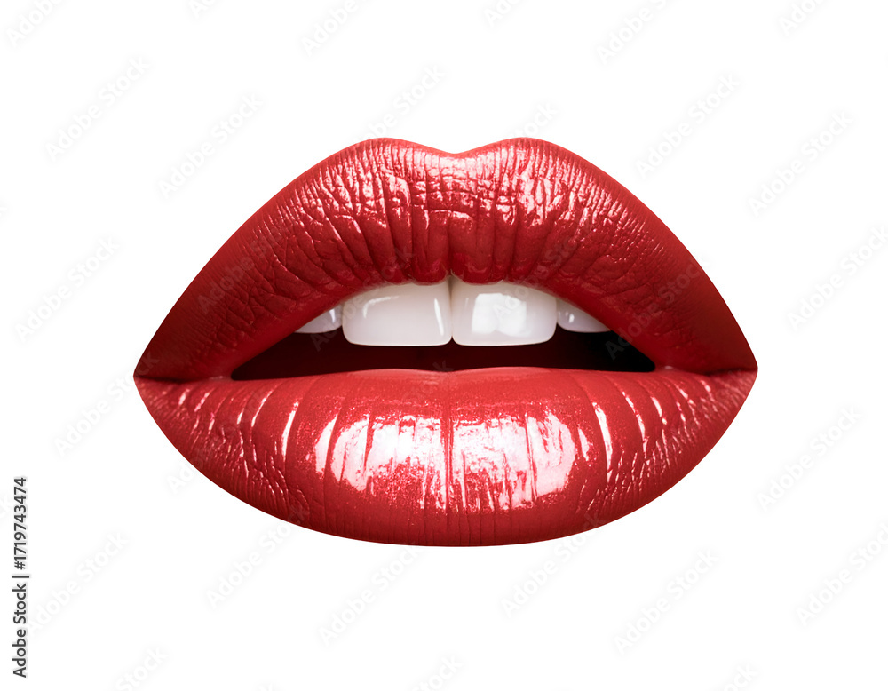 Obraz premium Vibrant red lips with a glossy finish, showcasing beauty and elegance in a striking close-up view.