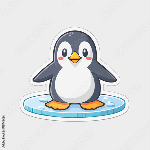Cute baby penguin cartoon sticker on an ice floe