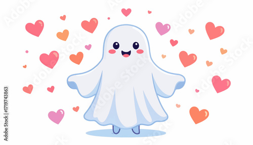 Cute Ghost Surrounded by Hearts A Whimsical Illustration of Love and Affection