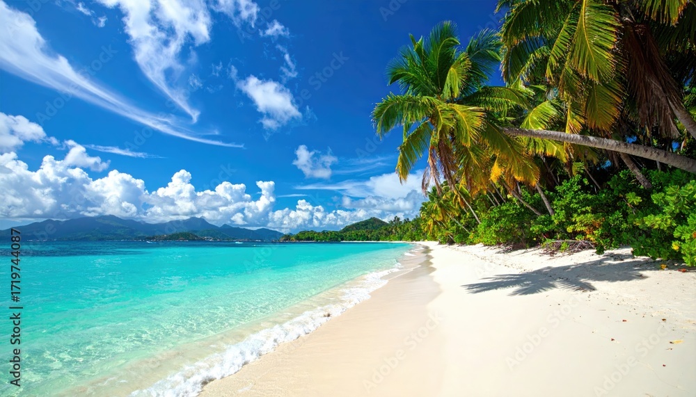 Obraz premium Tropical Beach with Turquoise Water White Sand and Palm Trees Under a Bright Blue Sky with Fluffy Clouds Idyllic Paradise Vacation Destination