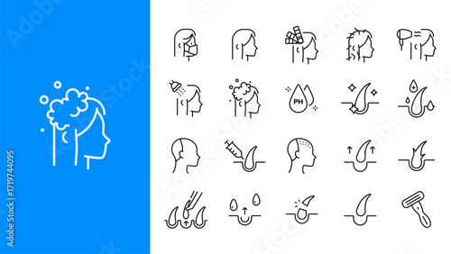 Hair and scalp treatment line icons. Hair care, coloring, washing, styling, hair loss, growth, and transplant. Editable stroke. Vector illustration.