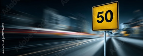 Speed Limit Ahead: A vibrant image of a 50 speed limit sign, dynamically positioned along a blurred cityscape backdrop, signifying the importance of safe driving, the fast pace of urban life.