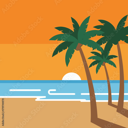 Tropical beach scene with palm trees, ocean, and a setting sun during a beautiful sunset.