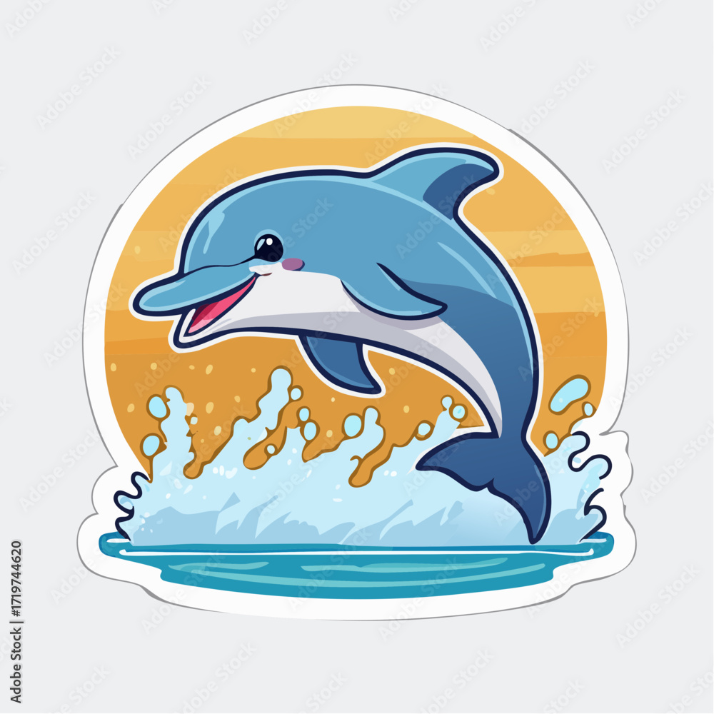 Obraz premium Joyful Cartoon Dolphin Jumping with Water Splash