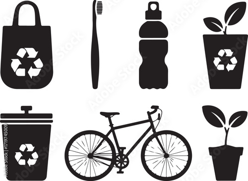 Eco lifestyle with bike, plants and recycle symbols