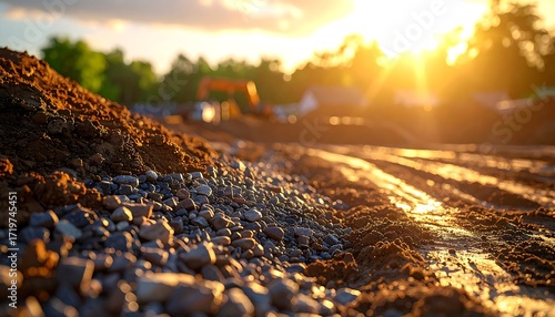 Close-up of gravel, dirt, and tracks from machinery at a construction site, bathed in warm sunlight. A blurred excavator works in the distance