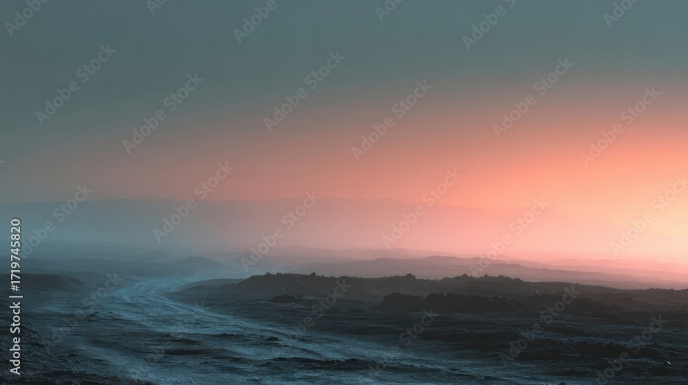 Fototapeta premium A surreal desolate landscape with rugged rocky terrain, winding snow-covered path, misty mountains,