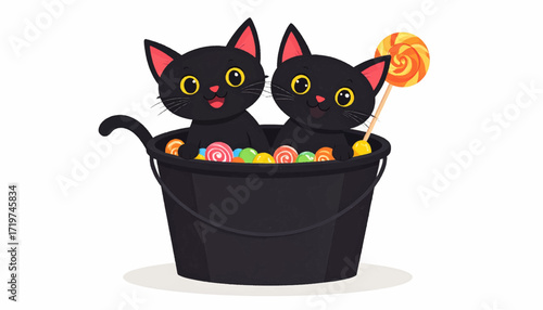 Adorable Black Kittens in a Candy-Filled Halloween Bucket