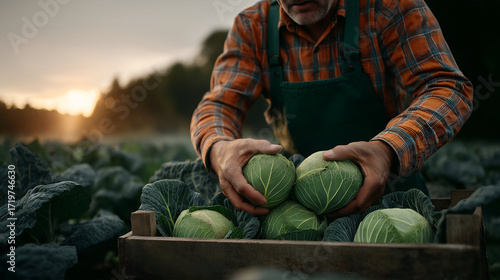 Senior man harvesting fresh green cabbages from a wooden crate in a lush vegetable field during sunset, showcasing agricultural practices and natural produce