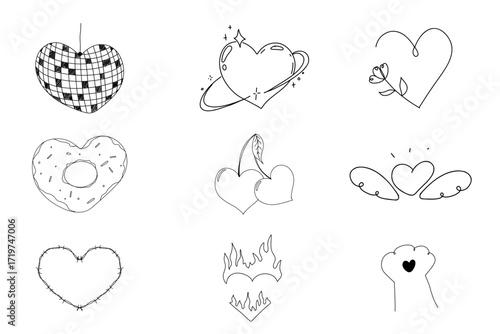 Heart set doodle hand drawn set. Cute simple heart disco ball, paw donut elements japan style, sketch decorations. Small tattoo set Pencil drawing swirl sparkle border, decor.