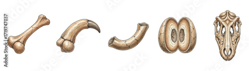 Fossilized dinosaur bones and skull fragments, revealing ancient life and paleontology