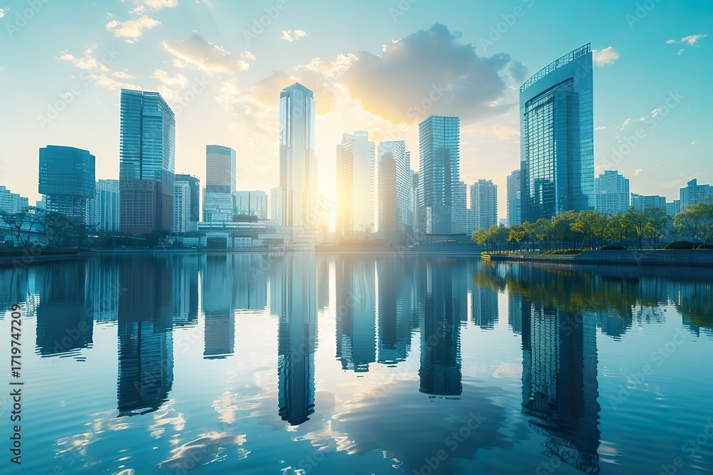 Fototapeta premium city skyline reflected in water