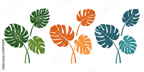 Tropical palm leaves monstera. Simple hand drawn flat vector. Composition of colored leaves. Flying monstera leaves.
