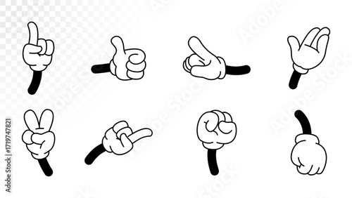 Retro cartoon hands set in vintage animation style. Collection of expressive glove hands showing different gestures — thumbs up, peace sign, pointing, fist, and more. 