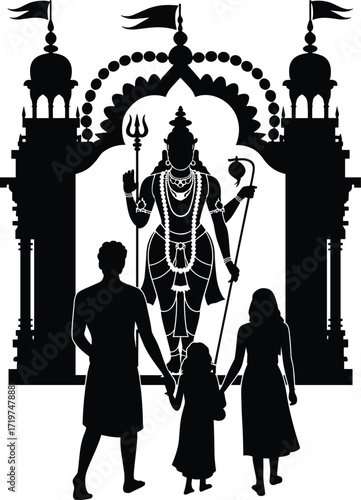 Black silhouette vector illustration of family worshiping Hindu god at temple entrance with trident spiritual devotion culture traditional artwork
