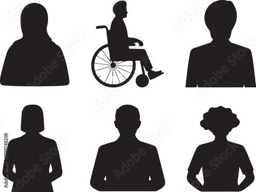 Inclusive diverse people silhouette set illustration