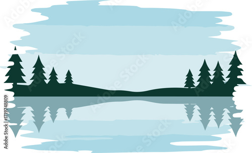 Serene lakeside landscape with silhouetted evergreen trees reflecting on calm water, perfect for nature lovers and peaceful background designs