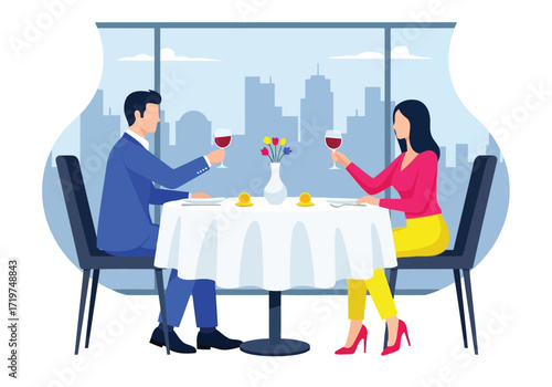 Vector illustration of illustration of couple enjoying a romantic dinner at a restaurant with city view