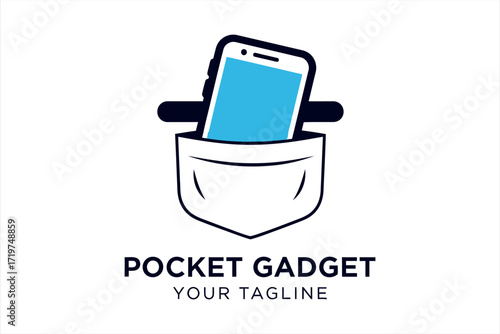 Blue smartphone screen peeking out of a white pocket logo gadget technology