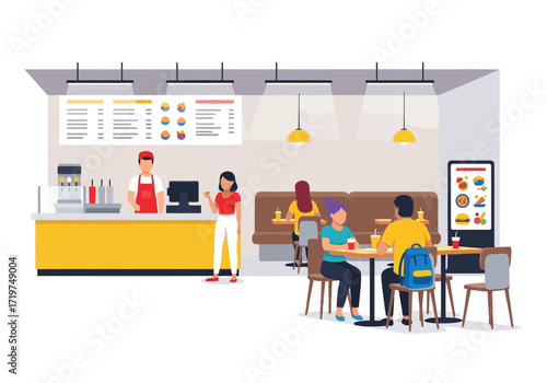 Vector illustration of illustration of people ordering food at a fast food counter with menu board