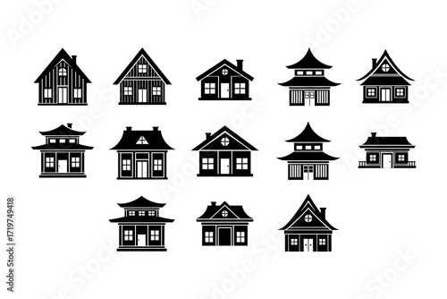 Collection of Black Silhouette Houses and Asian Pagoda Style Buildings architecture black and white