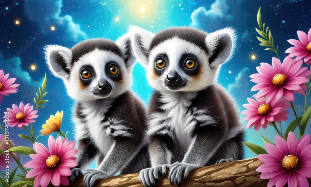 Fototapeta premium Adorable lemur pair surrounded by vibrant flowers under a starlit sky