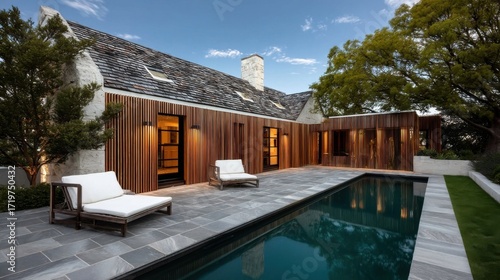 Modern stylish house with wood paneled exterior walls and large windows features elegant swimming pool surrounded by gre