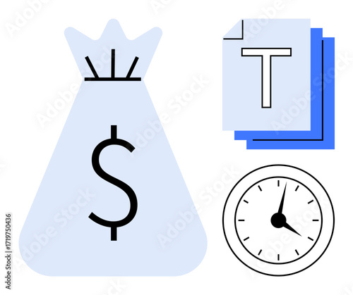 Money bag with dollar sign, stacked documents, and clock icon. Ideal for finance, business, productivity, accounting, time management, investments simple landing page