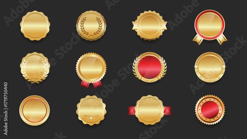 Luxury gold badge set with red and metallic accents. Collection of 12 elegant award seals featuring glossy gradients, laurel wreaths, stars, and ribbons.