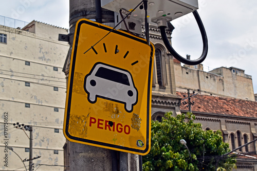 Street sign indicating DANGER (PERIGO in Portuguese language), Rio de Janeiro, Brazil
