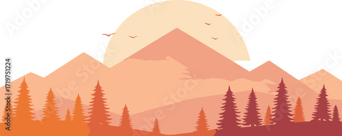 Stunning mountain landscape with warm sunset tones and silhouetted trees offering a serene, peaceful nature scene for backgrounds and scenic designs