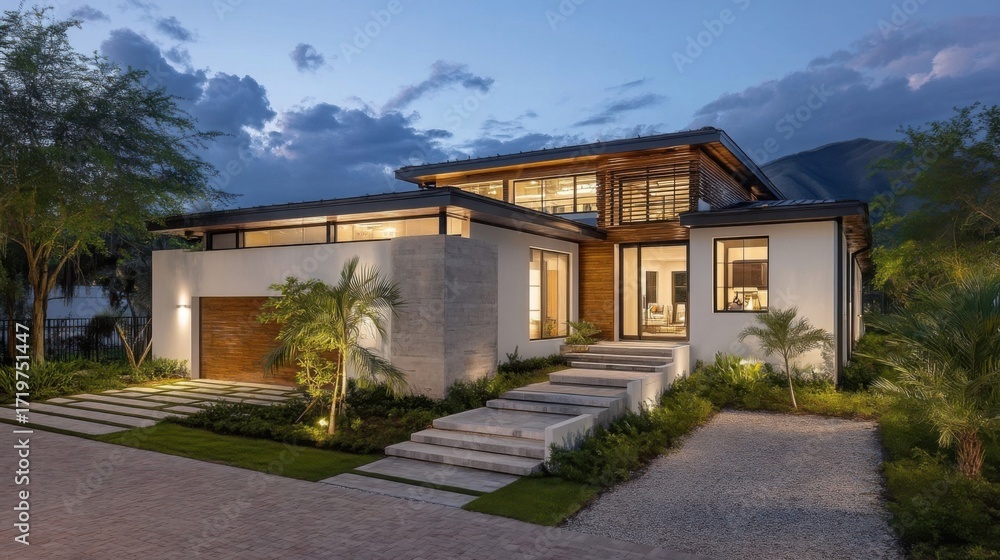 Fototapeta premium Modern house with clean lines and open floor plan, white walls, dark accents, large windows, glass walls, sleek roof,