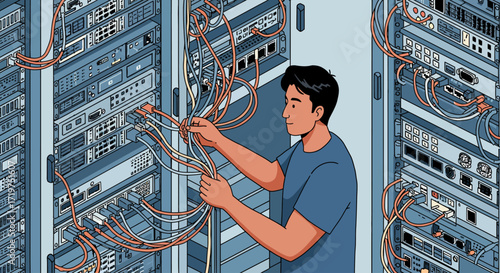 Dedicated IT professional meticulously managing intricate network connections within a modern data center server environment