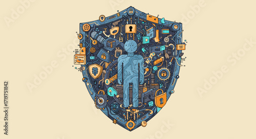 Intricate shield illustration representing digital cybersecurity and personal data protection