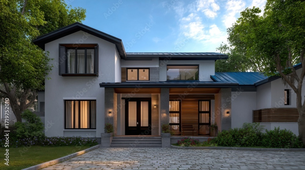 Fototapeta premium Modern two story house with white facade and dark trim, gable roof with blue shingles,