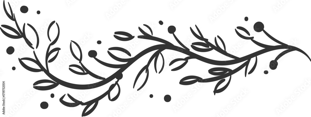 Fototapeta premium Graceful black handdrawn botanical element with flowing leaves and scattered berries.