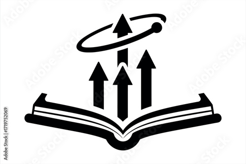 Open book with upward arrows and orbiting circle graphic growth