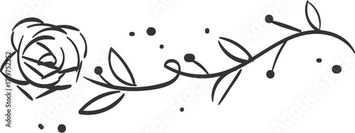 Handdrawn floral design stylized rose and vine with berries and leaves.