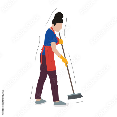 woman sweeping.young woman sweep the floor using broom