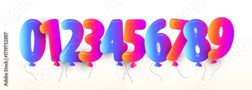 Balloon numbers, glossy gradient foil digits 0,1,2,3,4,5,6,7,8,9 for celebration design. Playful set for birthday, anniversary, party invites, kids learning, countdowns, sales. Vector illustration.