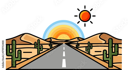 Cartoon desert landscape illustration with road, sun, cacti, and rolling sand dunes graphic