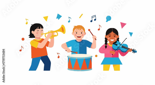Cheerful children creating harmonious melodies with trumpet drum and violin illustration