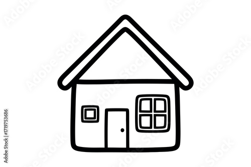 Simple black outline drawing of a house with a door and windows home building 1