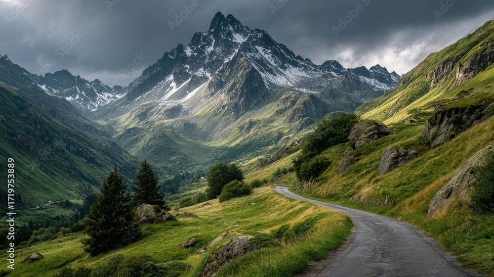 Fototapeta premium A scenic mountain landscape with a winding road through lush green meadows and rugged cliffs, vibrant wildflowers,