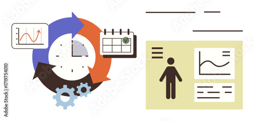 Clock with cyclical arrows, calendar, charts, gears, and profile dashboard represent productivity, planning, time management, and data tracking. Ideal for workflow business teamwork organization